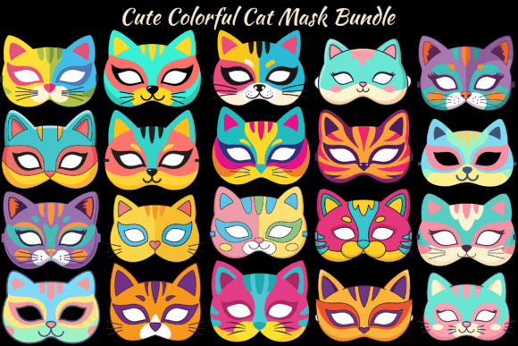 36 Cute Colorful Cat Mask Bundle Graphics