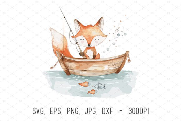 Baby Fox Fishing Nursery Clipart Graphics