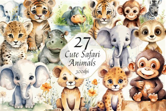 Baby Safari Animals Watercolor Clipart