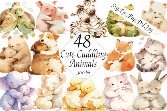 Cute Watercolor Animals Friends Clipart for Real Embroidery Projects