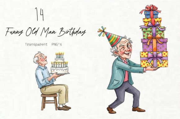 Funny Old Man Birthday Clipart: Graphics & Illustrations for Digital Sellers