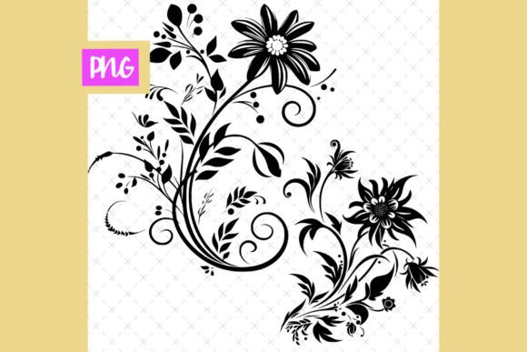 Ornate Decorative Flowers Black and White Graphics
