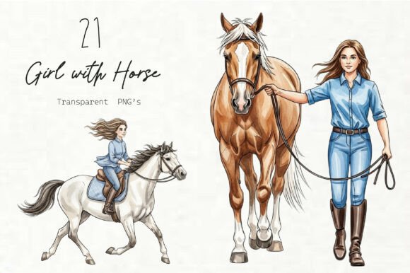 Watercolor Girl with Horse Clipart